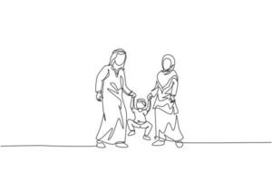 uma única linha de desenho de jovem islâmica mãe e filha brincando e levantando a mão do filho juntos ilustração vetorial. conceito de parentalidade de família árabe feliz. design de desenho de linha contínua vetor