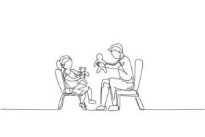 uma linha contínua desenhando o jovem pai e sua filha sentados na cadeira e brincando de boneca princesa juntos em casa. conceito de família feliz. ilustração em vetor gráfico de desenho de linha única dinâmica
