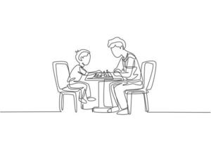 uma linha contínua desenhando o jovem pai e o filho sentados na cadeira e jogando xadrez em casa. conceito de paternidade de família feliz. gráfico de ilustração vetorial dinâmica de desenho de linha única vetor