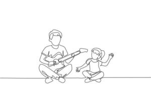 uma única linha de desenho jovem pai tocando violão e cantando feliz junto com sua filha em ilustração vetorial gráfico em casa. conceito de união de família feliz. design moderno de desenho de linha contínua vetor