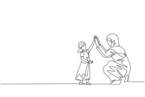 um desenho de linha contínua de menina filha islâmica dar mais cinco gestos para a mãe dela. conceito de família amorosa dos pais muçulmanos árabes feliz. ilustração em vetor desenho dinâmico de desenho de linha única