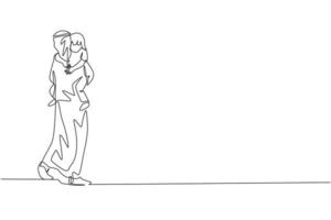 um desenho de linha única do jovem pai islâmico carregando e abraçando sua filha sonolenta para ilustração vetorial de quarto. conceito parental de família muçulmana árabe feliz. design moderno de desenho de linha contínua vetor