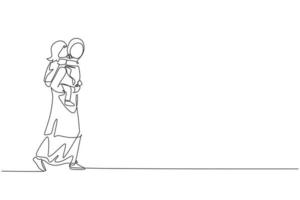 um desenho de linha contínua da jovem mãe árabe carregando a filha nas costas no parque, nas costas. conceito de família parental muçulmana islâmica feliz. ilustração em vetor desenho dinâmico de desenho de linha única