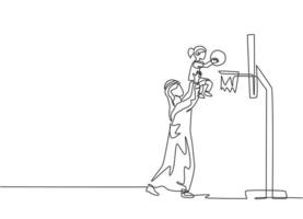 desenho de linha contínua única de jovem islâmico ajuda a levantar sua filha para colocar uma bola no cesto de basquete. conceito de paternidade de família feliz muçulmana árabe. ilustração em vetor desenho desenho de uma linha na moda