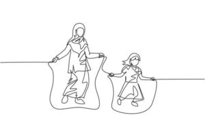 único desenho de linha contínua de jovem islâmica mãe e filha brincam de pular corda juntos no parque. conceito de maternidade de família feliz muçulmana árabe. ilustração em vetor desenho desenho de uma linha na moda