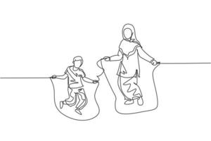 desenho de linha contínua única da jovem mãe islâmica e seu filho brincando de pular corda e pular. conceito de maternidade de família feliz muçulmana árabe. ilustração em vetor desenho desenho de uma linha na moda