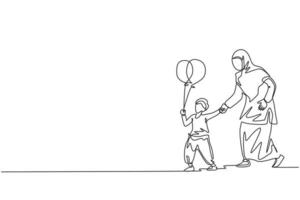 um desenho de linha contínua de jovem islâmica mãe e filho brincando juntos em um parque público ao ar livre. conceito de família parentalidade muçulmana árabe feliz. ilustração em vetor desenho dinâmico de desenho de linha única