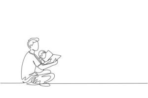 um único desenho de linha do jovem pai, situado no chão e lendo o livro de histórias para seu filho no gráfico de ilustração vetorial para casa. conceito de parentalidade de família feliz. design moderno de desenho de linha contínua vetor