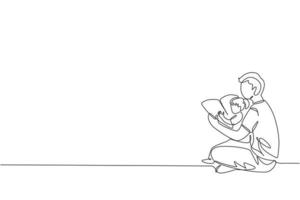 um desenho de linha contínua de um jovem pai sentado no chão e lendo um livro de histórias para a filha em casa. conceito de paternidade de família feliz. ilustração em vetor desenho gráfico de linha única dinâmica