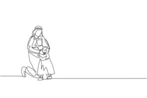 um único desenho de linha do jovem pai árabe feliz abraçando a filha dela cheia de amor e ilustração vetorial de cordialidade. conceito de parentalidade de família feliz muçulmana. design moderno de desenho de linha contínua vetor