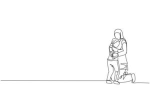 um desenho de linha contínua de jovem feliz mãe islâmica abraça seu filho menino cheio de amor e carinho. conceito de parentalidade de família feliz muçulmana árabe. ilustração em vetor desenho dinâmico de desenho de linha única
