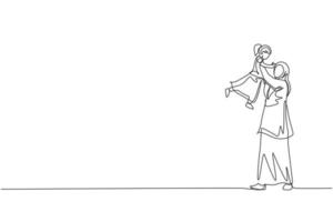 um desenho de linha única da jovem mãe islâmica jogando e levantando sua filha menina para a ilustração vetorial de ar. conceito de parentalidade de família feliz muçulmana árabe. design de desenho de linha contínua vetor