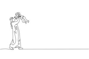 único desenho de linha contínua do jovem pai islâmico jogando e levantando a filha dele no ar. conceito de parentalidade de família feliz muçulmana árabe. ilustração em vetor desenho desenho de uma linha