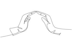 as mãos protegem. contínuo um desenho de linha de design de ilustração vetorial minimalista de proteção de gesto de mão no fundo branco. estilo gráfico moderno de linha simples isolada. conceito gráfico desenhado à mão vetor