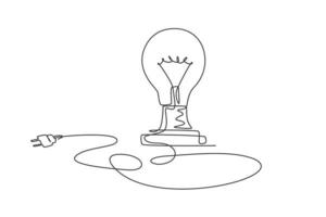 um único desenho de linha de lâmpada no chão com fio longo. conceito de ícone de criatividade ideia inspiração da lâmpada de vidro. ilustração em vetor desenho moderno linha contínua