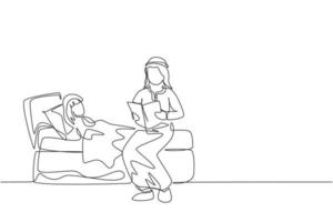 um desenho de linha contínua do jovem pai árabe lia um livro de histórias para a filha no quarto. conceito de família amorosa muçulmana islâmica feliz. ilustração em vetor desenho dinâmico de desenho de linha única