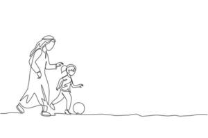 um desenho de linha única do jovem pai árabe jogando futebol com sua filha em ilustração vetorial de parque de campo. conceito de parentalidade familiar muçulmana islâmica feliz. design moderno de desenho de linha contínua vetor