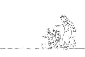 único desenho de linha contínua de jovem pai árabe correndo e jogando futebol com seu filho e filha. conceito de paternidade de família feliz muçulmana islâmica. ilustração em vetor desenho desenho de uma linha