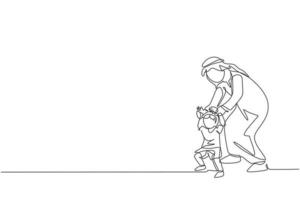 único desenho de linha contínua do jovem pai árabe segurando a mão de seu filho que aprende a andar. conceito de paternidade de família feliz muçulmana islâmica. ilustração em vetor desenho desenho de uma linha na moda