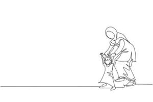 um desenho de linha única da jovem mãe árabe segurando a mão da filha, aprender a andar de ilustração vetorial. conceito de parentalidade familiar muçulmana islâmica feliz. design moderno de desenho de linha contínua vetor