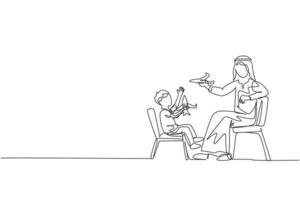 um desenho de linha contínua do jovem pai árabe jogando a figura do brinquedo do avião com o filho em casa. conceito de família parental muçulmana islâmica feliz. ilustração em vetor desenho dinâmico de desenho de linha única