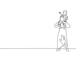 único desenho de linha contínua do jovem pai árabe levanta e segura o filho no ombro e dá um passeio no parque. conceito de paternidade de família feliz muçulmana islâmica. ilustração em vetor desenho desenho de uma linha