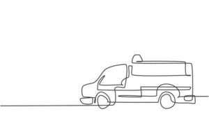 Contínuo um desenho de linha do vagão da ambulância do hospital. veículo de transporte do salvador para o primeiro conceito minimalista de mão desenhada de emergência. ilustração gráfica de vetor moderno desenho de linha única