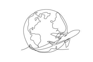 avião voando ao redor da terra. ícone gráfico do mapa do mundo de linha única contínua. doodle de uma linha simples para o conceito de viagem. ilustração vetorial isolado design minimalista em fundo branco vetor