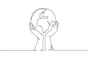 as mãos seguram a terra. ícone gráfico do mapa global do mundo de linha única contínua. doodle de uma linha simples para o conceito de organização sem fins lucrativos. ilustração vetorial isolado design minimalista em fundo branco vetor