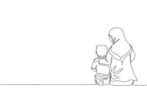 único desenho de linha contínua de jovem mãe árabe conversando e sentando junto com seu filho. conceito de paternidade de família feliz muçulmano islâmico. ilustração em vetor desenho gráfico moderno de uma linha