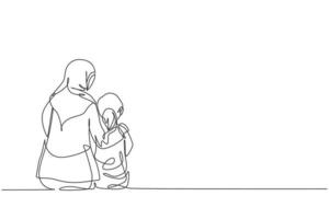 único desenho de linha contínua da jovem mãe árabe e sua filha sentados e conversando. conceito de paternidade de família feliz muçulmano islâmico. ilustração em vetor desenho gráfico de uma linha