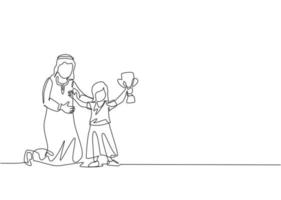 um desenho de linha única do jovem pai árabe parabenizar sua filha para ganhar o prêmio de ilustração vetorial troféu. conceito de parentalidade familiar muçulmana islâmica feliz. design moderno de desenho de linha contínua vetor