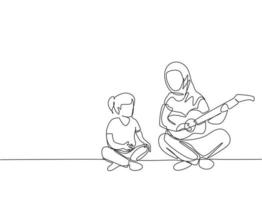 um desenho de linha única da jovem mãe árabe tocando violão para acompanhar sua filha cantando ilustração vetorial. conceito de parentalidade familiar muçulmana islâmica feliz. design moderno de desenho de linha contínua vetor