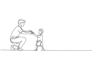 um desenho de linha contínua de um jovem pai pronto para abraçar a filha que aprendeu a caminhar em sua direção em casa. conceito de paternidade de família feliz. ilustração em vetor gráfico de desenho de linha única dinâmica
