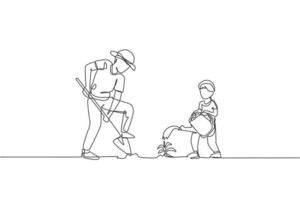 desenho de linha única contínua pai jovem cavando o solo usando uma pá e filho regando uma planta na horta. conceito de paternidade de família feliz. ilustração em vetor desenho gráfico moderno de uma linha