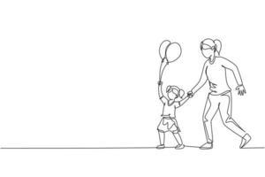único desenho de linha contínua da jovem mãe e sua filha vão para o festival de carnaval à noite, enquanto a criança segurando um balão. conceito de paternidade de família feliz. ilustração em vetor desenho desenho de uma linha