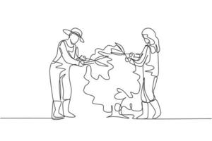 contínuo um desenho de linha jovem casal agricultor corta as folhas da árvore usando uma tesoura de planta juntos. agricultura desafio conceito minimalista. ilustração gráfica do vetor do desenho do desenho de linha única.