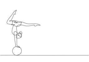 single one line drawing, uma acrobata feminina faz um stand de mão em uma bola de circo enquanto executa uma bela dança de pernas. precisa de destreza para fazê-lo. ilustração em vetor gráfico desenho linha contínua