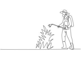 desenho de linha única contínua jovem agricultor completo com máscara pulverizando as plantas verdes com um pulverizador desinfetante. conceito de minimalismo. ilustração em vetor desenho gráfico dinâmica de uma linha