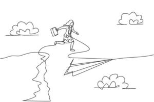 único desenho de uma linha jovem empresária pulando para voar o avião de papel do topo do penhasco. desafios de negócios. conceito mínimo de metáfora. ilustração em vetor gráfico desenho linha contínua