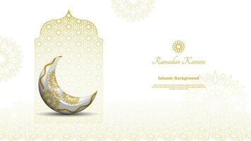 realista Ramadã kareem com lua e mandala dentro branco e ouro. islâmico fundo vetor