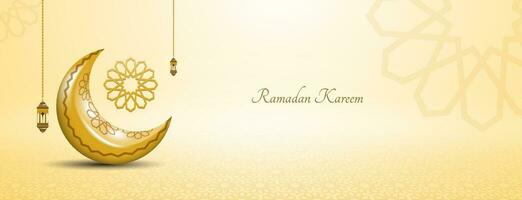 dourado realista Ramadã kareem bandeira Projeto com lua e lanterna. islâmico fundo vetor
