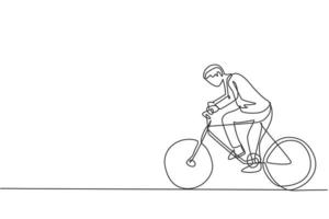 única linha contínua desenho jovem trabalhador do sexo masculino andando de bicicleta para o escritório. excelente ética de trabalho profissional de negócios. conceito minimalismo dinâmico uma linha desenhar ilustração vetorial de design gráfico vetor