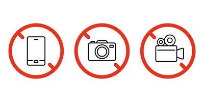 Proibido Smartphone, foto e vídeo Câmera ícone. não tiroteio em telefone e Câmera. proibido faço fotografia, conversa em Telefone, tiro cena filme em filmadora símbolo. vetor placa