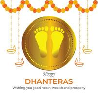 feliz dhanteras - poster modelo Projeto com ouro moeda dentro Panela e decorativo diya lâmpada. vetor