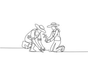 único desenho de linha contínua casal agricultor plantando brotos de plantas no solo. iniciar o período de plantio. conceito de metáfora do minimalismo. dinâmica de uma linha desenhar ilustração em vetor design gráfico.