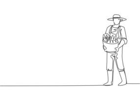 contínua uma linha desenhando um jovem agricultor carregando uma cesta cheia de frutas com as mãos na frente do peito. agricultura conceito minimalista. ilustração gráfica do vetor do desenho do desenho de linha única.