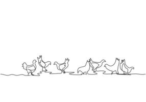 desenho de linha contínua única de várias galinhas estavam brincando nos campos enquanto procuravam comida. conceito de minimalismo de agricultura bem-sucedido. ilustração em vetor desenho gráfico dinâmica de uma linha