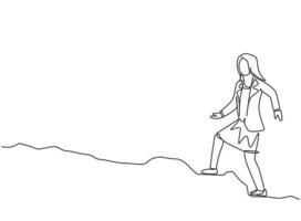 única linha contínua desenho jovem mulher de negócios andando na subida da rua para ir ao escritório. conceito de metáfora de disciplina de tempo de negócios. dinâmica de uma linha desenhar ilustração em vetor design gráfico.