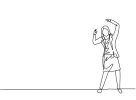 único desenho de linha de mulher de negócios jovem em pé na rua, levante a mão. feliz comemorar conquista. conceito de metáfora do minimalismo. ilustração em vetor gráfico desenho linha contínua